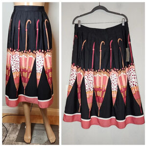 NWT Eva Mendes NY&C Umbrella Black Pink Pleated Midi Skirt Size 12 pockets